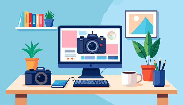 Modern digital photography workspace illustration featuring a computer displaying camera interface, a professional camera, and creative tools arranged neatly on a desk with plants and books