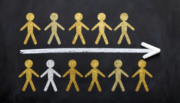 Chalk figures on blackboard show a team moving forward with one outlier