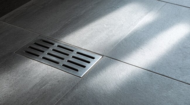 Stainless steel air vent on gray tiles in bathroom. Light from above creates shadows on the floor