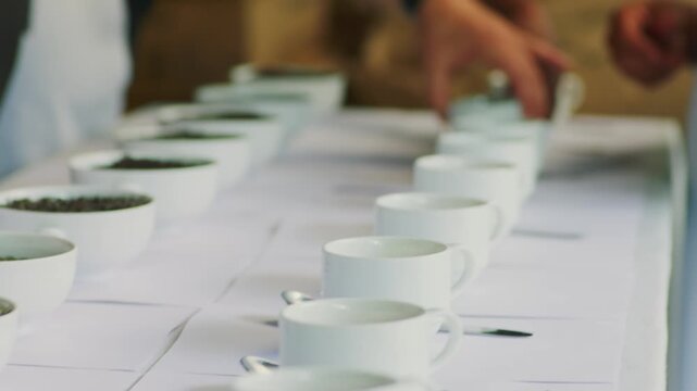 Tea tasting session with cups and loose leaf samples on table