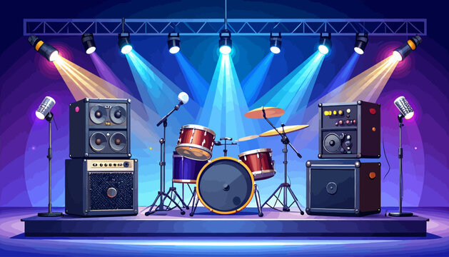 Concert stage setup with drum kit and amplifiers under spotlights, creating a vibrant performance atmosphere