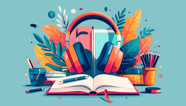Embrace Lifelong Learning with Books, Headphones, and Colorful Foliage A Vibrant Scene Representing Education and Knowledge