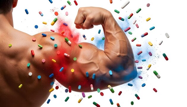 Muscular bicep flexing with colorful pills and powder exploding around it