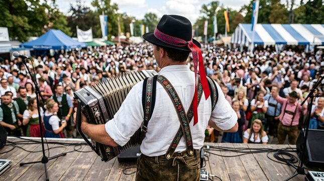 Musician playing accordion on outdoor stage at festival crowd