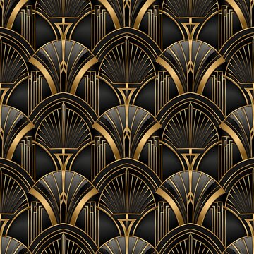 Art Deco Seamless Pattern with Golden Geometric Lines and Elegant Black Fan Ornaments Background