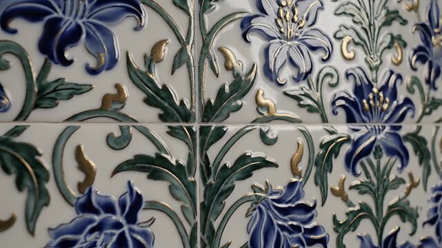 Intricate Blue Floral Ceramic Tile Pattern CloseUp.