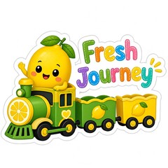 Fototapeta premium Cute cartoon lemon character riding a colorful toy train with the text fresh journey isolated on white background