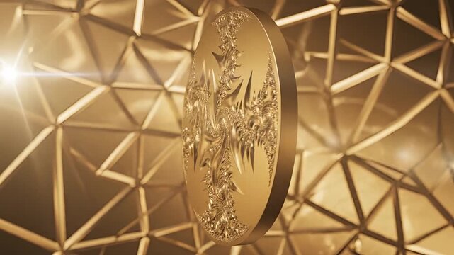 Intricate Golden Emblem Rotating Against Geometric Background.