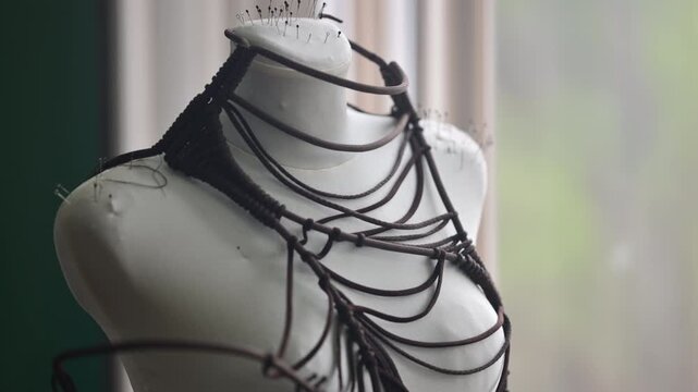 Close up of a person adjusting cords or fabric on a dress form mannequin
