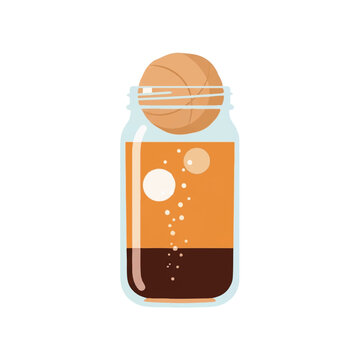 A minimalist flat vector illustration of a glass kombucha jar with a thick scoby floating at the top and tiny carbonation bubbles, 4 colors used: amber, off-white, light beige, and dark brown,