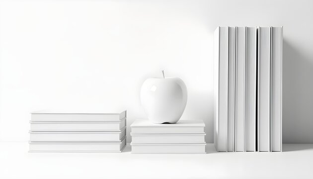 Minimalist composition of white books stacked with a white apple on a white surface