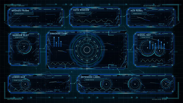Holographic safety array HUD with biohazard, security, toxic and alert icons, circular scanners, data pods and dark technical grid background