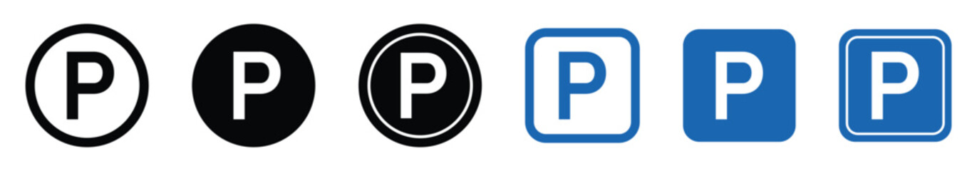 Modern parking icon set collection. car parking icon. parking location. parking station. parking point. Black and Blue P letter parking symbols. parking area sign. Vector illustration © Solayman