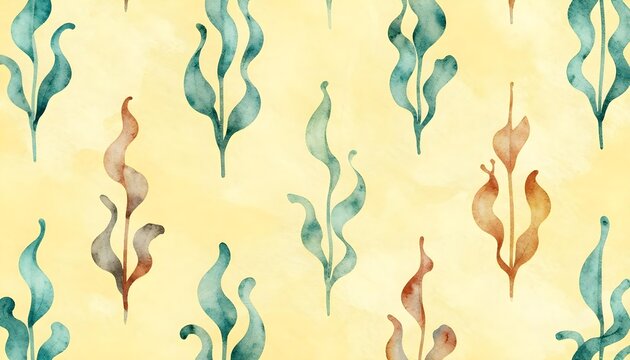 Seamless watercolor pattern of stylized seaweed in teal and brown on a yellow background