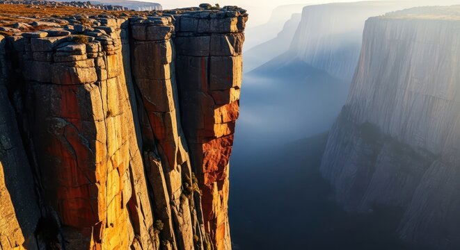 A breathtaking view capturing the immense verticality of a massive stone cliff face plunging dramatically into the misty valley below, illustrating sheer power, overlook, formation, isolated