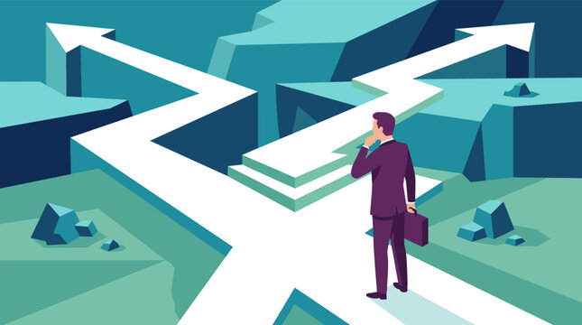 A thoughtful businessman with a briefcase standing at a crossroads choosing between two diverging arrow paths representing life decisions