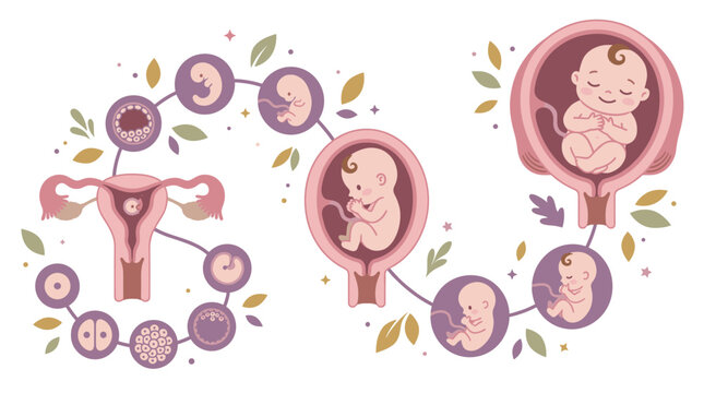 A detailed medical illustration showing the full stages of human fetal development from embryo to newborn baby inside the womb