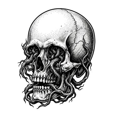 Detailed skull illustration with vines - monochrome design