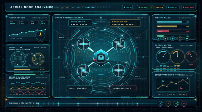 Holographic safety array HUD with biohazard, security, toxic and alert icons, circular scanners, data pods and dark technical grid background