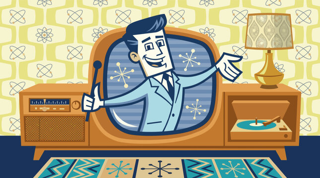 A cheerful retro cartoon television host jumping out of a vintage TV set in a colorful mid century modern living room setting