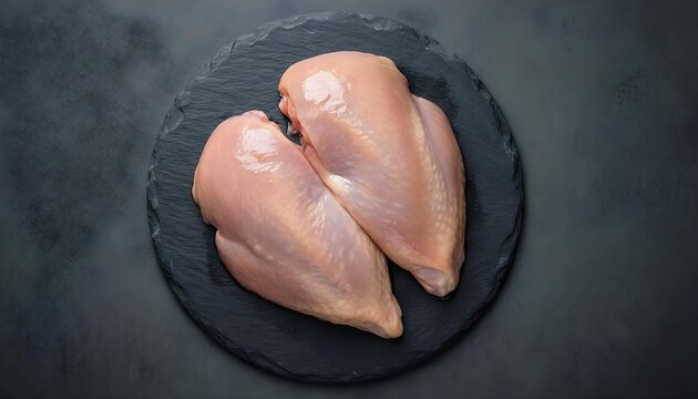 Two fresh raw chicken breasts presented on a dark slate plate for culinary preparation