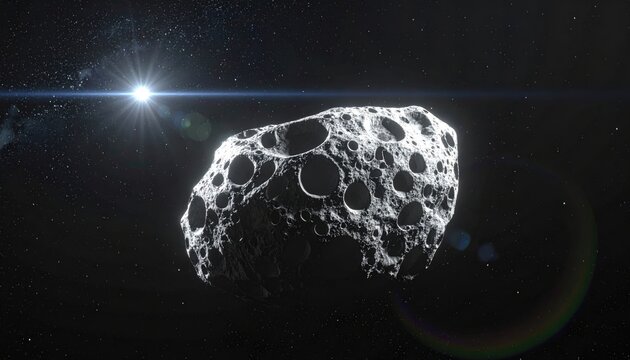 An asteroid with craters floats in the vastness of space with a bright star.