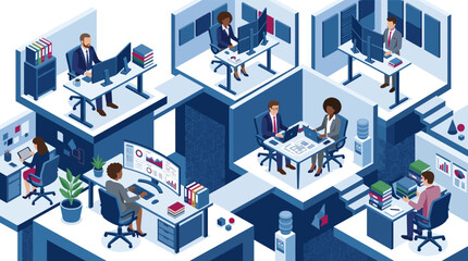 Fototapeta premium A diverse group of business professionals working at desks in a modern isometric open plan office with computers and data screens