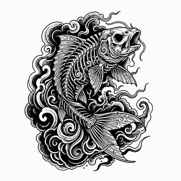Fish skeleton tattoo illustration, ornamental design, black and white