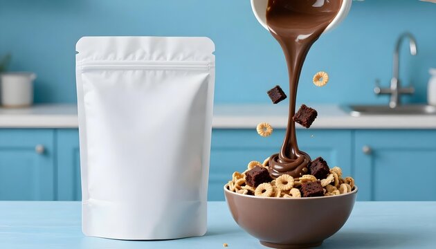 Blank white pouch stands beside a bowl of cereal with chocolate sauce and brownies