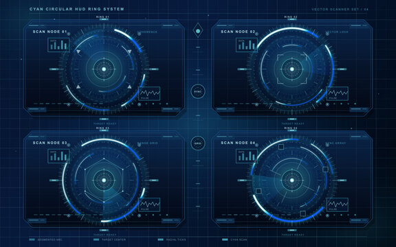 Holographic safety array HUD with biohazard, security, toxic and alert icons, circular scanners, data pods and dark technical grid background