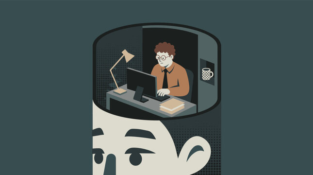 A concept illustration of a man working alone inside a tiny dark office cubicle that exists within another person's open head