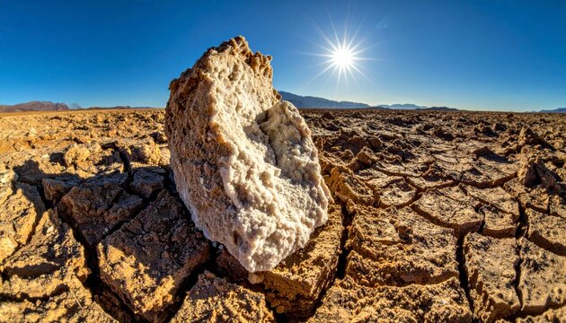 Rough hewn salt block resting on dry cracked clay ground under a bright sunlit sky