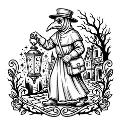 Fototapeta premium Plague Doctor Walking Through Medieval Town