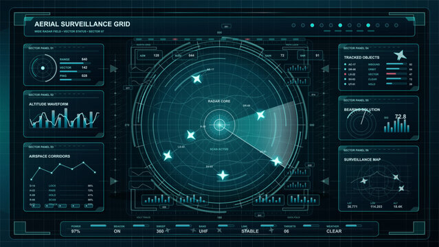 Minimal light cyan circuit map interface with open signal field, data panels, node array, charts, and thin tech lines on white background