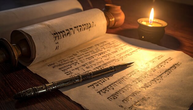Partially unrolled ancient parchment scroll displaying traditional Hebrew script with an antique pen and candle