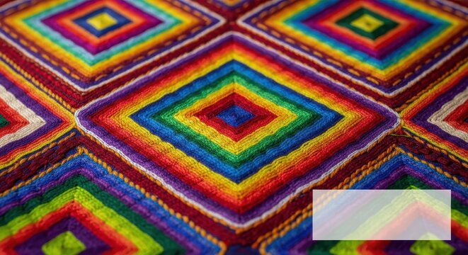 Traditional folk art pattern featuring complex geometric rhombus shapes. Rich cultural heritage represented in detailed embroidery textile, complex, fabric, ancient