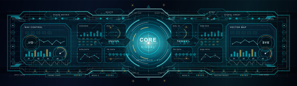 Futuristic HUD elements pack with gray interface board, circular dials, geometric target, waveform charts, meters, and analytics panels