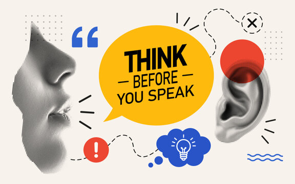 Communication and active listening concept with speaking mouth, listening ear, speech bubble and idea symbols in modern halftone collage style.