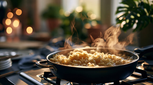 A close up of soft pasta simmers gently in a bright pot on a calm sunlit stove in soft daylight pasta simmer faceless still softly defocused backdrop bright kitchen daylight