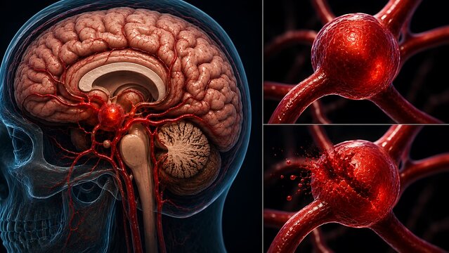 Brain Aneurysm with Bulging Cerebral Blood Vessel and Risk of Hemorrhagic Stroke, Medical Illustration