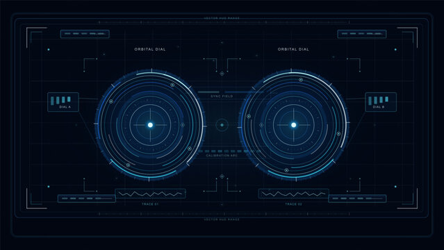 Holographic safety array HUD with biohazard, security, toxic and alert icons, circular scanners, data pods and dark technical grid background