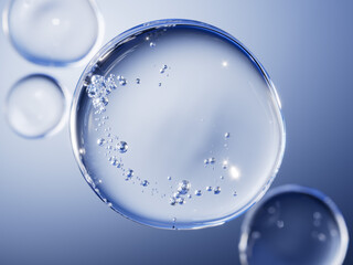 Plakat Clear water bubbles floating on blue gradient. Refreshing moisturizing 3d rendering perfect for hyaluronic acid skincare campaign or pure drinking water brand.