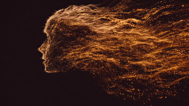 Abstract silhouette of a head crafted from golden particles on dark background