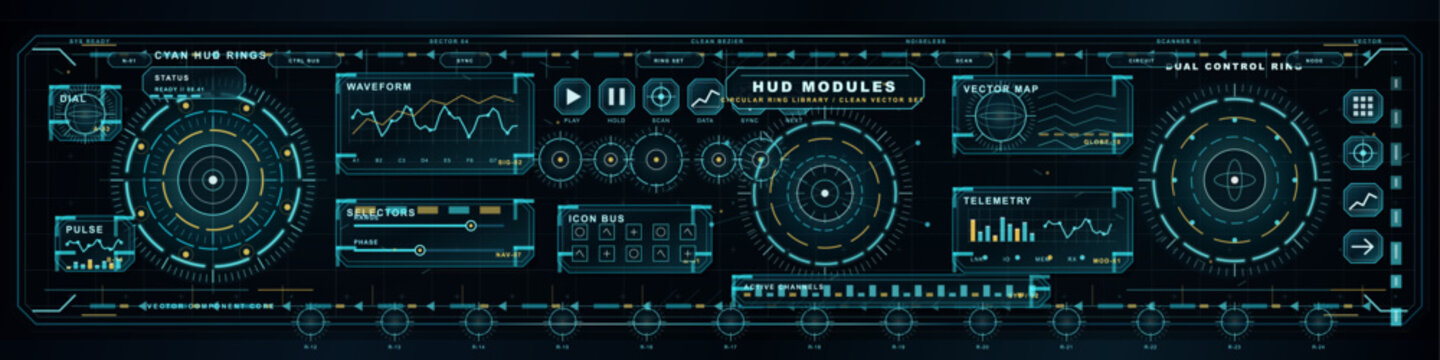 Holographic safety array HUD with biohazard, security, toxic and alert icons, circular scanners, data pods and dark technical grid background