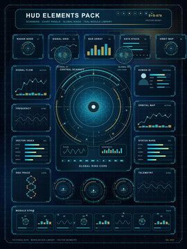 Holographic safety array HUD with biohazard, security, toxic and alert icons, circular scanners, data pods and dark technical grid background