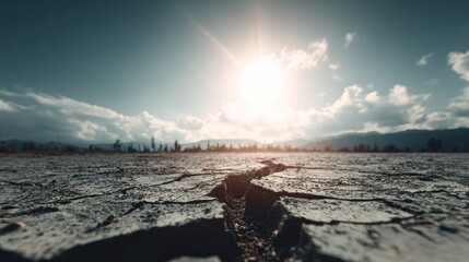 Bright sunshine illuminates deeply cracked earth stretching towards distant, hazy mountains.
