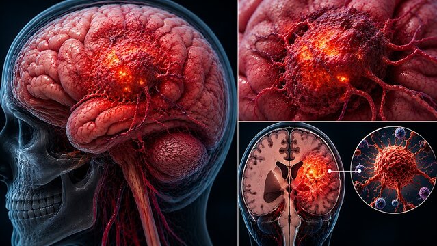 Glioblastoma Multiforme with Aggressive Brain Tumor and Malignant Neural Tissue, Medical Illustration