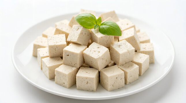 Fresh raw tofu cubes garnished with a basil leaf on a white plate isolated on white background