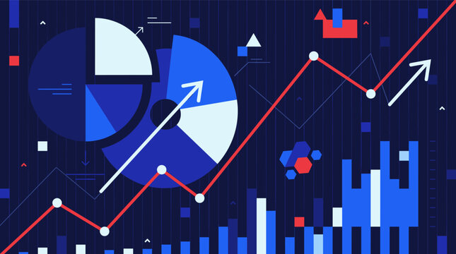 A bold dark navy financial dashboard illustration featuring pie charts bar graphs trend lines and upward arrows showing business data analytics