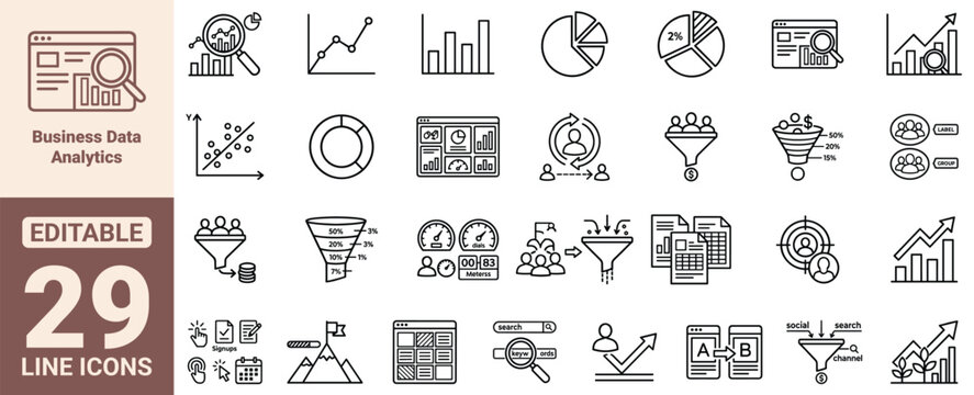 Business Data Analytics Icon Set Featuring Cluster Analysis Sentiment Tracking Market Basket Correlation Matrices Distribution Charts Outlier Detection and Regression Models